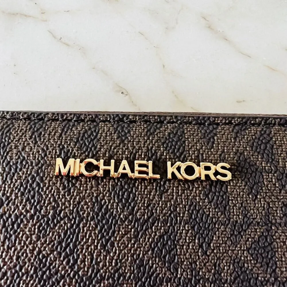 MICHAEL KORS Jet Set Travel Brown Leather Large Continental Zip Wallet Wristlet